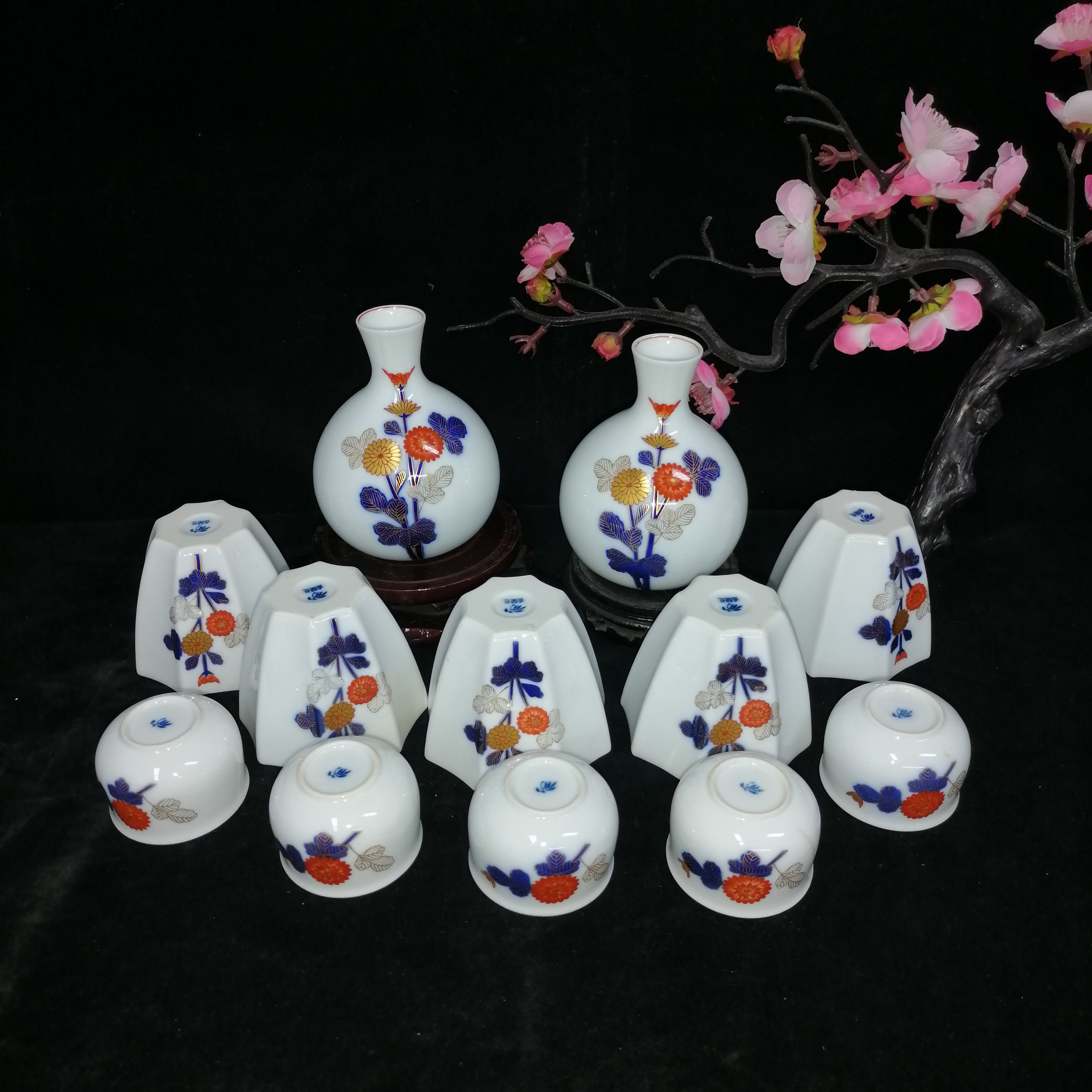 日本进口 皇家御用香兰社酒具经典手绘兰花 菊花  花瓶 功夫茶杯