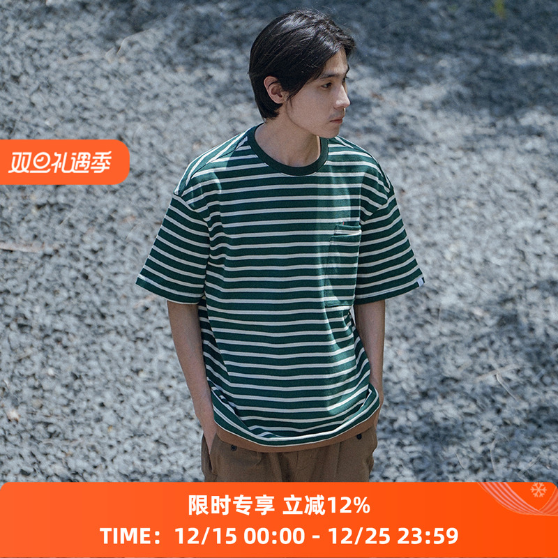 PRIMEE条纹拼色短袖圆领T恤