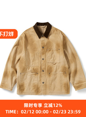 PRIMEE 水洗自然做旧工装夹克 拼接翻领外套