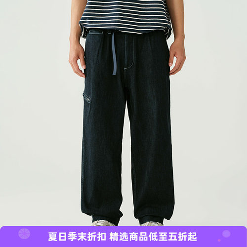 WHEELS and WIND 男女中性款水洗牛仔机能性耐磨宽松锥形长裤
