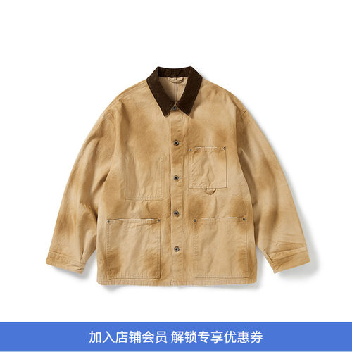 PRIMEE 水洗自然做旧工装夹克 拼接翻领外套