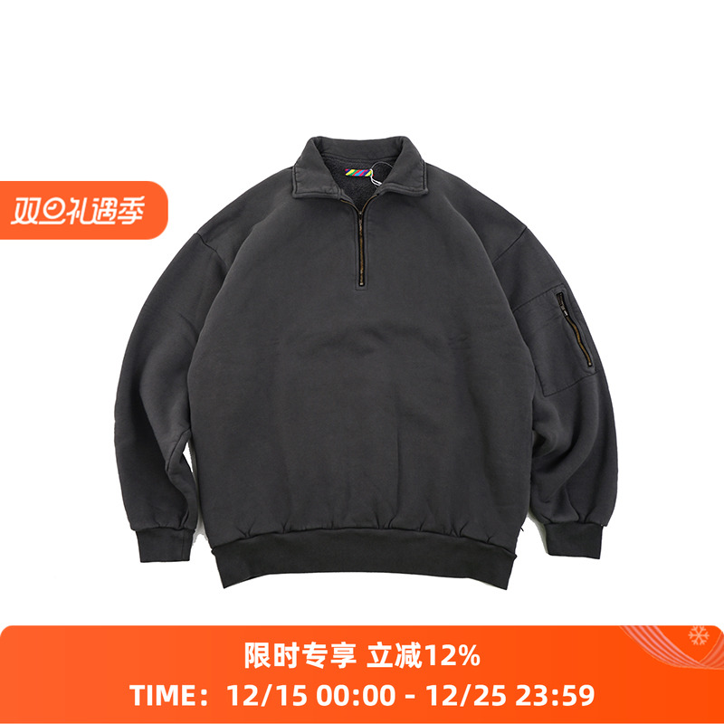 is-ness PIGMENT DYED ZIP 成衣染色宽松廓形半拉链套头卫衣