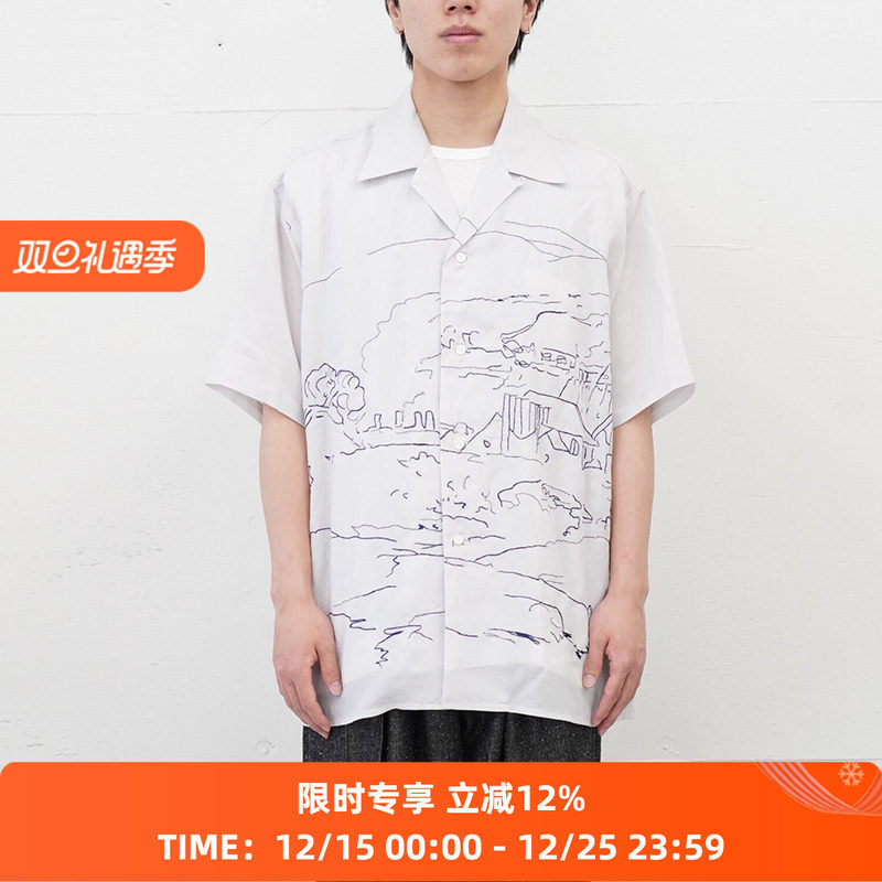 YOKE EMBROIDERY OPEN COLLAR 艺术家合作系列素描画刺绣短袖衬衫