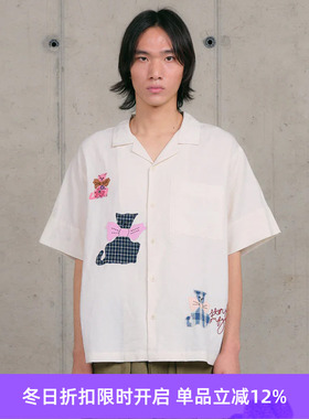 Story mfg GREETINGS SHIRT 男女款手工刺绣拼贴宽松短袖衬衫