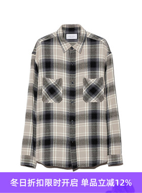 UNUSED 缎面休闲复古格子口袋长袖衬衫