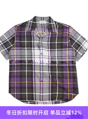UNUSED FRINGE BIG CHECK SHIRT 水洗做旧流苏拼接格子短袖衬衫