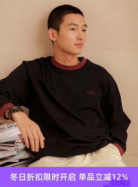 PRIMEE 重磅质感棉拼色长袖圆领T恤