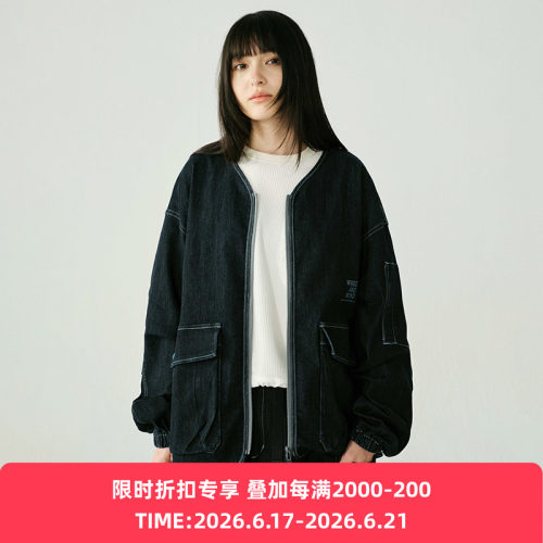 WHEELS and WIND 男女中性款水洗牛仔机能性耐磨宽松无领夹克外套