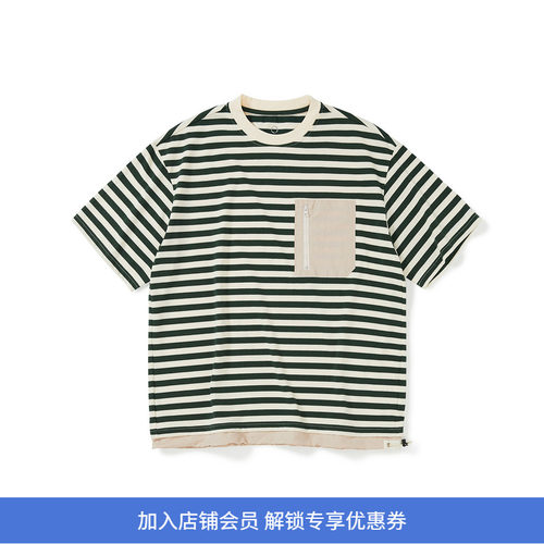 WHEELS and WIND 男女中性款吸湿速干条纹拼接口袋T恤