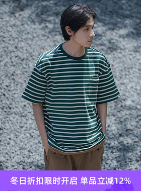 PRIMEE 条纹拼色短袖圆领T恤