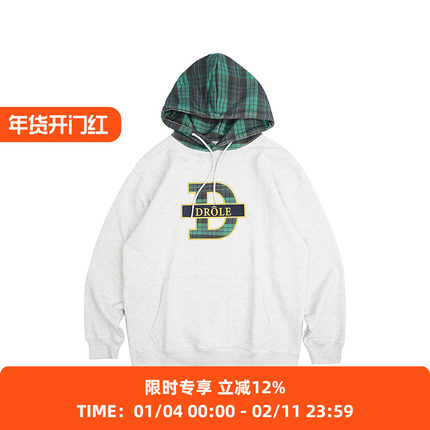 Drole de Monsieur Le Hoodie Tartan 法式刺绣LOGO拼色连帽卫衣