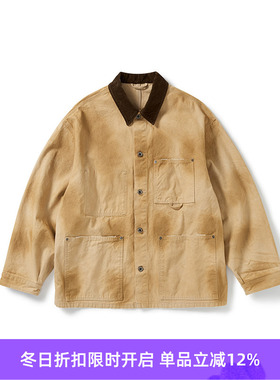 PRIMEE 水洗自然做旧工装夹克 拼接翻领外套
