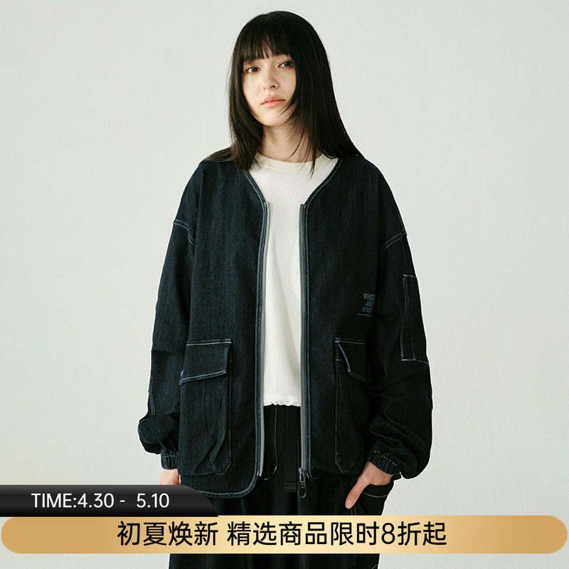 WHEELS and WIND 男女中性款水洗牛仔机能性耐磨宽松无领夹克外套