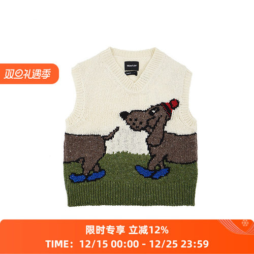 Howlin BUMPER LOVER 女装小狗刺绣羊毛马海毛马甲 V领毛衣