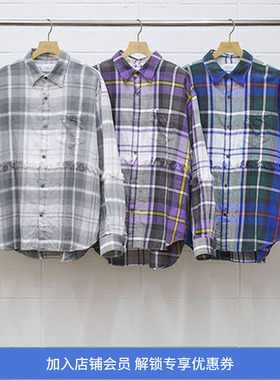 UNUSED FRINGE BIG CHECK SHIRT 水洗做旧流苏拼接格子长袖衬衫