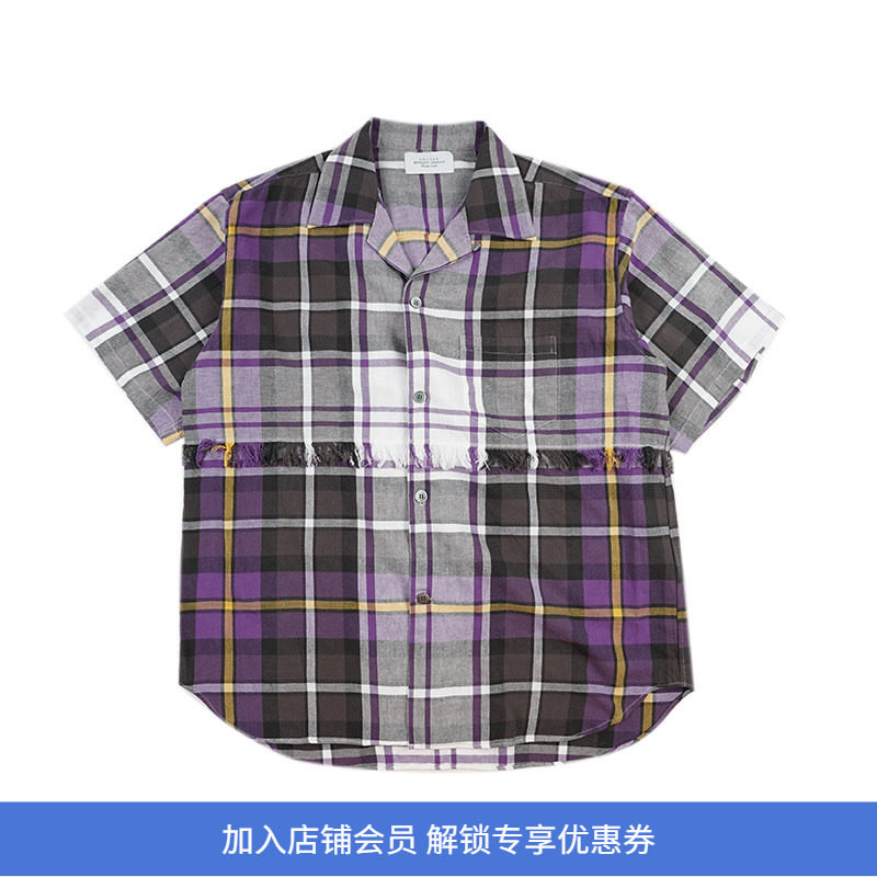 UNUSED FRINGE BIG CHECK SHIRT 水洗做旧流苏拼接格子短袖衬衫 - 实物图
