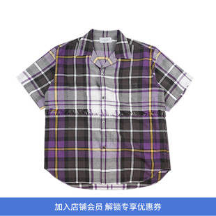 UNUSED FRINGE BIG CHECK SHIRT 水洗做旧流苏拼接格子短袖衬衫