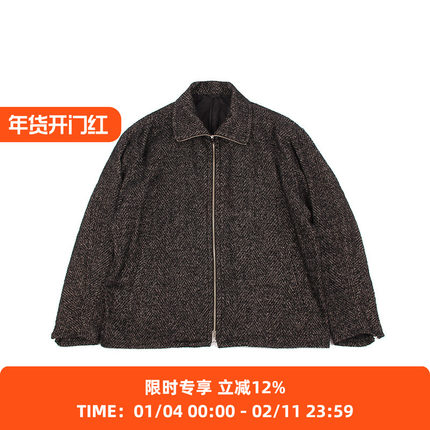 YOKE TWEED STAND COLLAR ZIP 粗花呢羊毛亚麻混纺拉链立领大衣