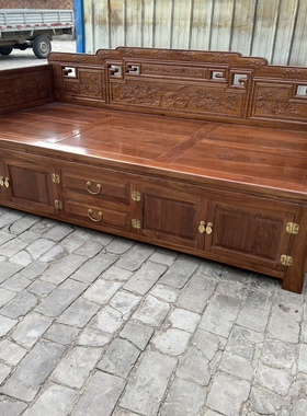 老榆木罗汉床箱体式柜门双开门储物罗汉床罗汉床沙发休闲榻