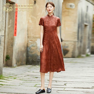 连衣裙红云纱花萝大码 新品 气质显瘦中年长裙 真丝缘夏季 香云纱女装