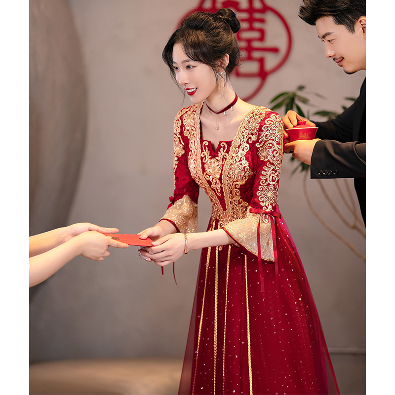 Winter red evening dress, colored advanced suhe traditional wedding dress, 2023 collection, high-quality style, Chinese style, long sleeve