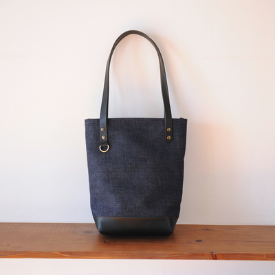 Fayestudio硬挺有型深靛蓝重磅牛仔丹宁拼接黑色牛皮单肩托特包女