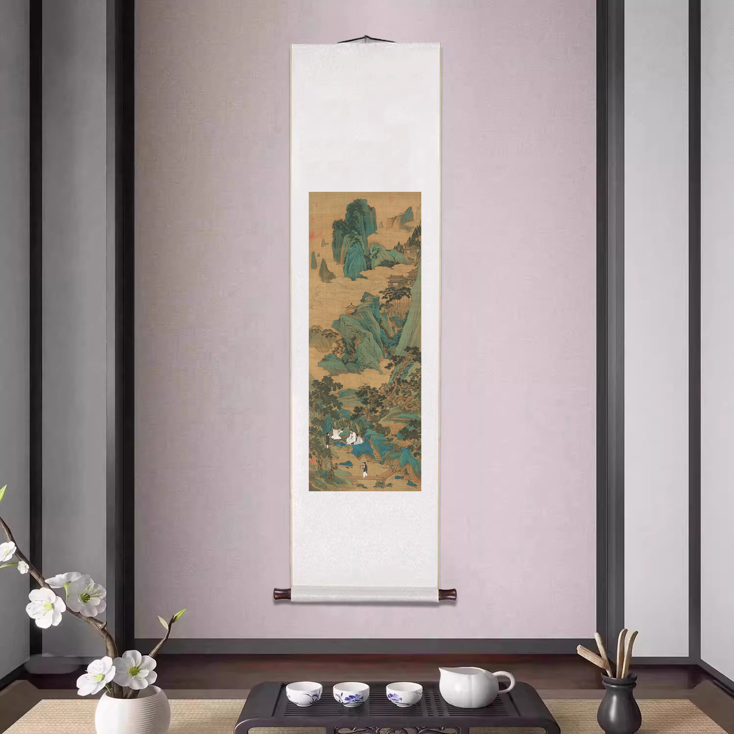 明仇英《桃源仙境图》立轴青绿山水挂画客厅装饰画办公室书房字画