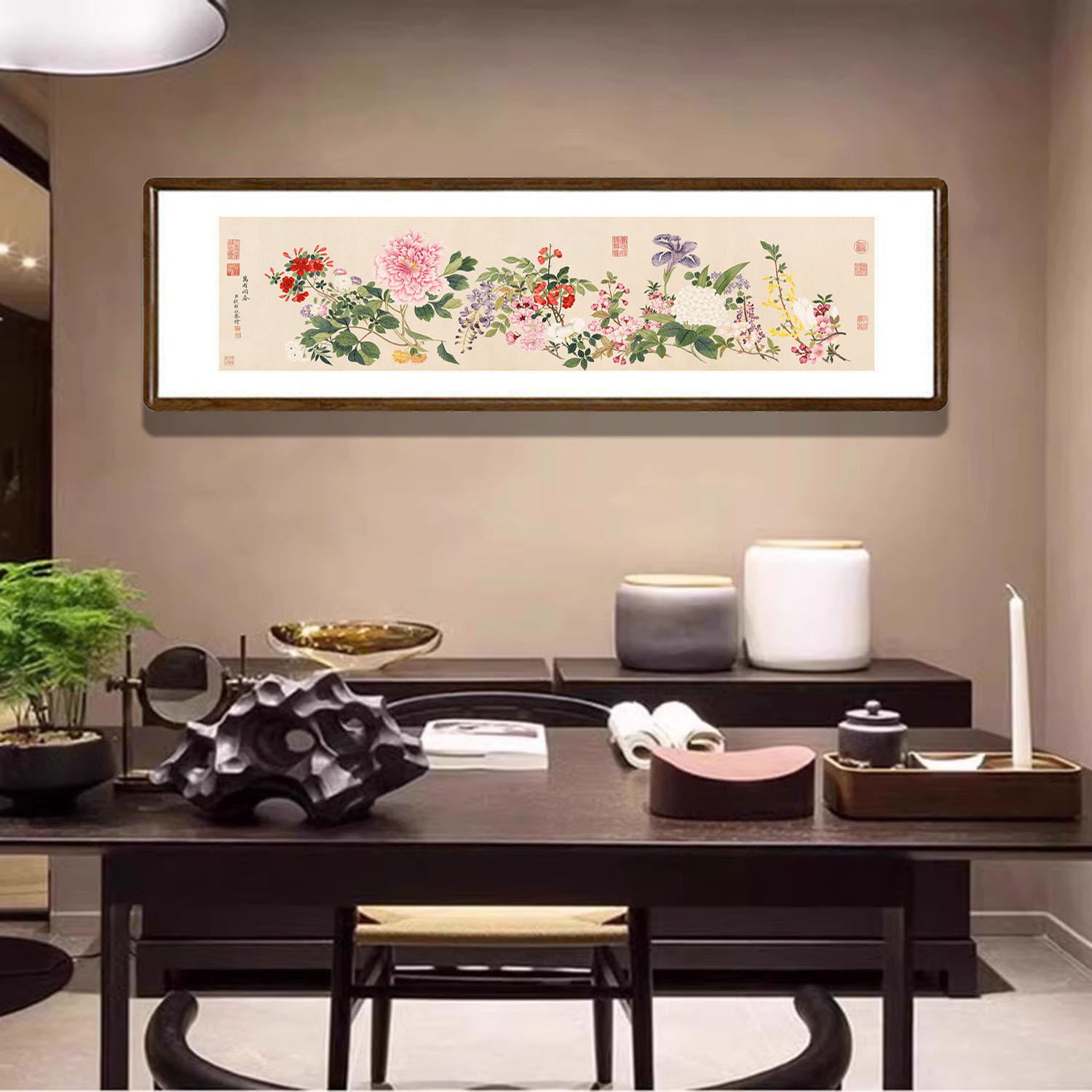 钱维城《万有同春图》国画牡丹花卉挂画新中式客厅装饰画餐厅壁画