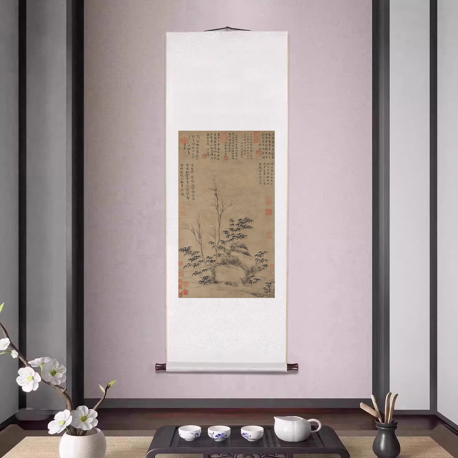 元倪瓒《古木竹石图》卷轴挂画中国风古画客厅书房走廊过道装饰画