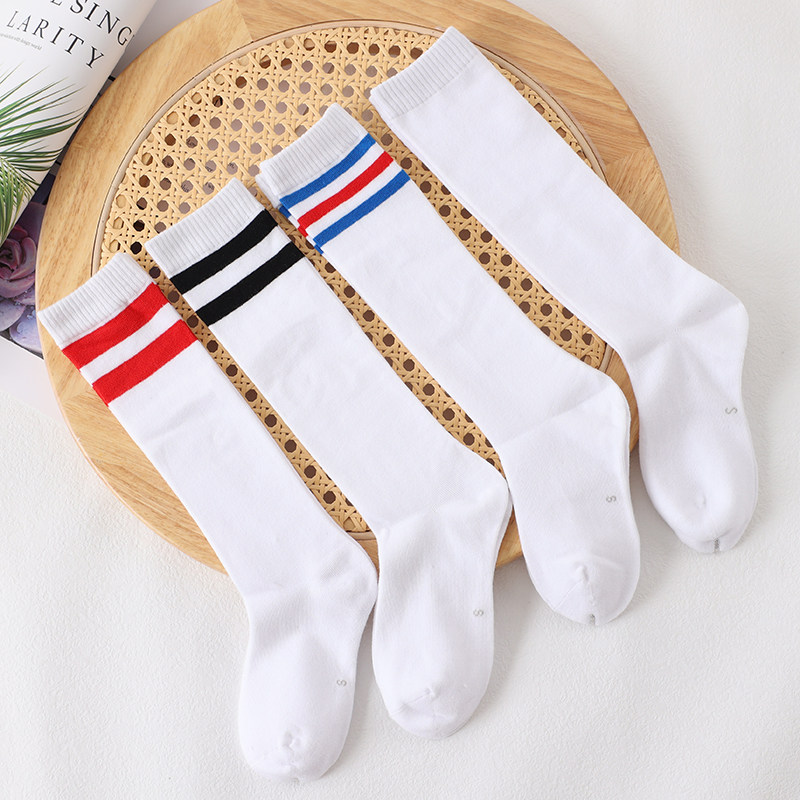 儿童中筒袜春夏双杠条纹长袜高筒女童小腿袜黑白色棉袜男童半筒袜