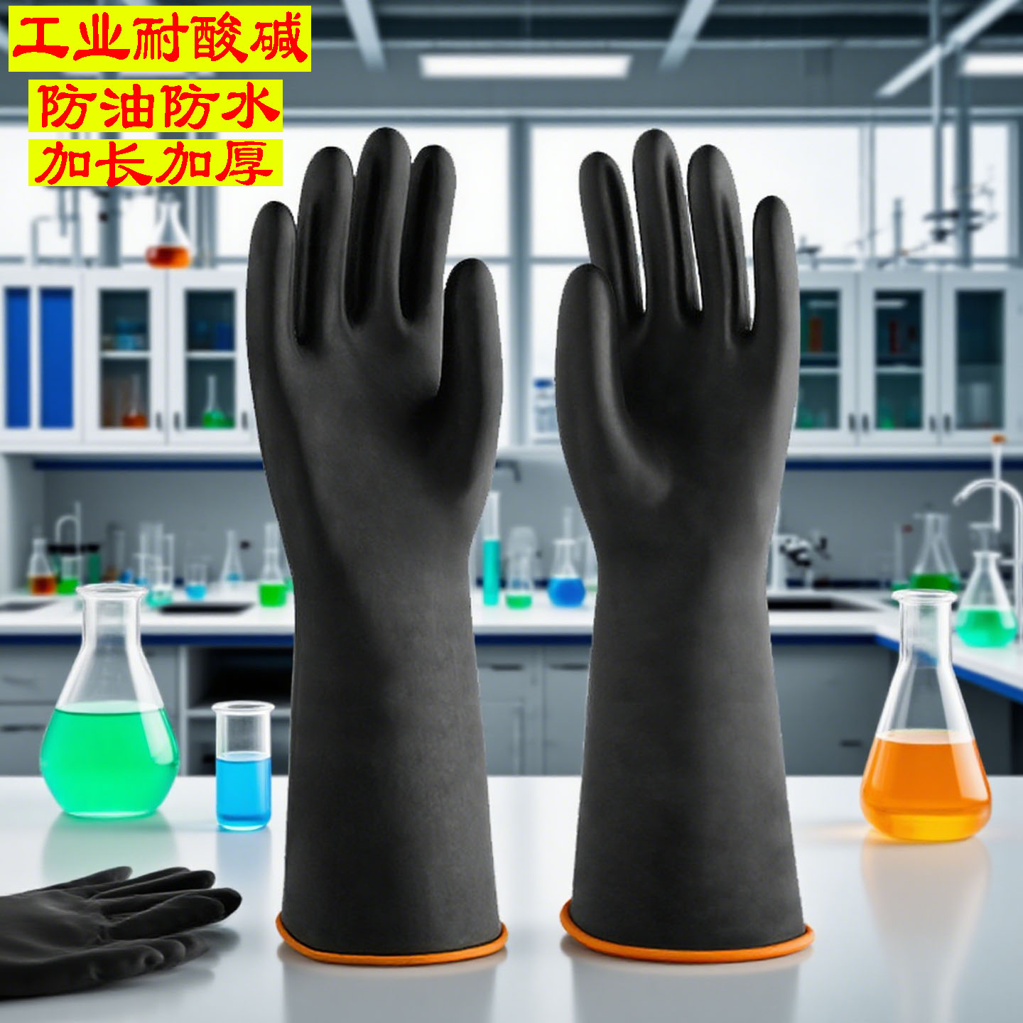 黑色防腐蚀耐酸碱橡胶手套加厚乳胶耐磨防化实验防水防油工业手套