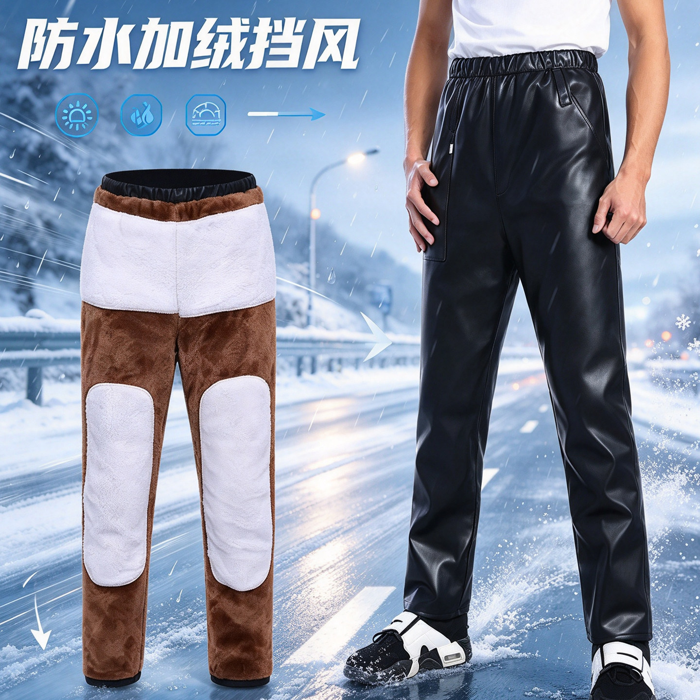 皮裤男冬季加绒加厚防水骑行电动摩托车外卖代驾工作干活防寒保暖