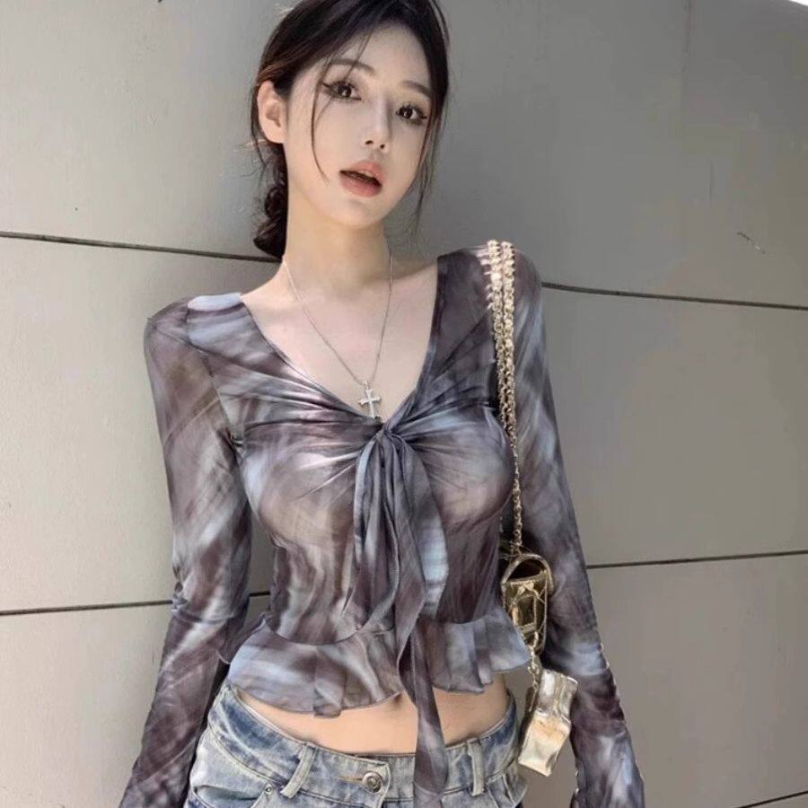 夏季不规则扎染褶皱V领T恤时尚弹力绑带修身显瘦短款长袖网纱上衣