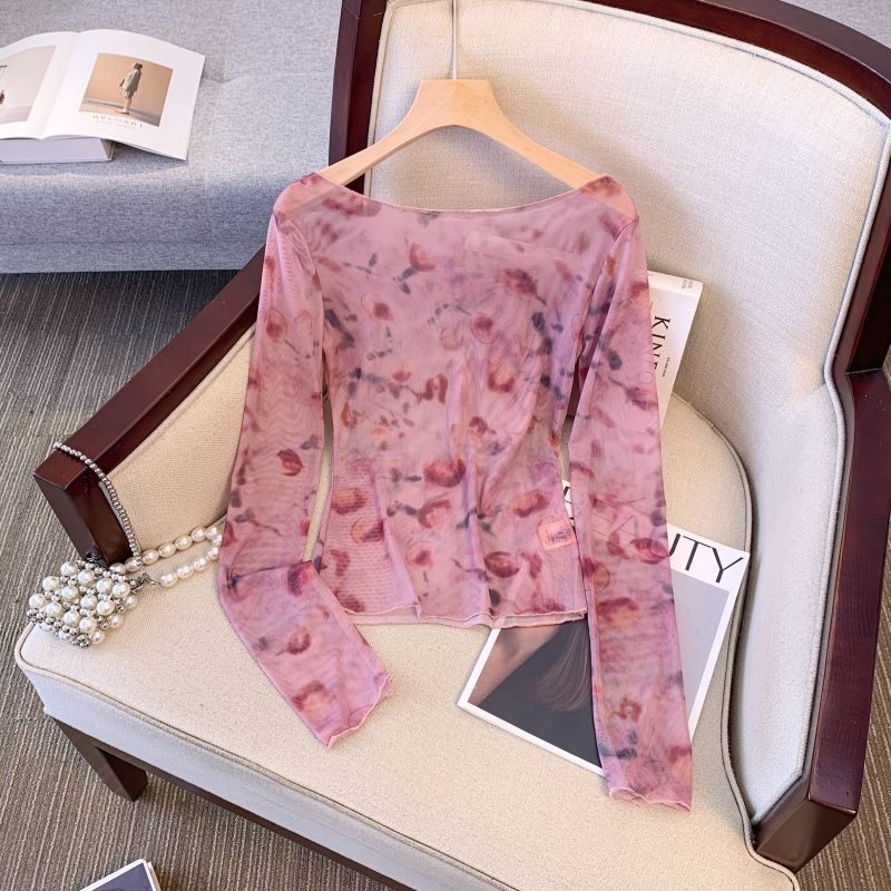 美式复古辣妹一字肩网纱罩衫