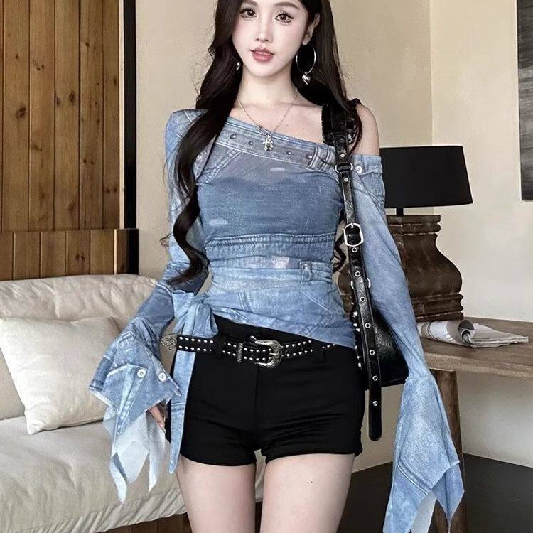 美式复古扎染辣妹露肩网纱长袖t恤女夏季新款喇叭袖防晒斜肩上衣