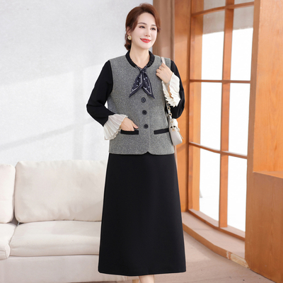 中老年女小香风马甲打底裙两件套