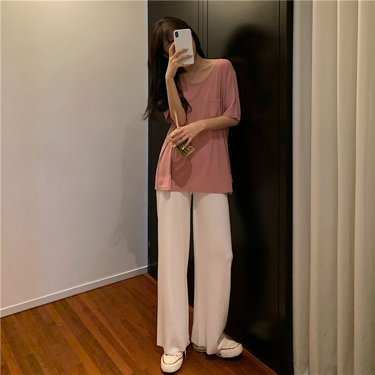 Real price real shot ~ loose and thin modal pocket T + high waist straight tube wide leg pants suit