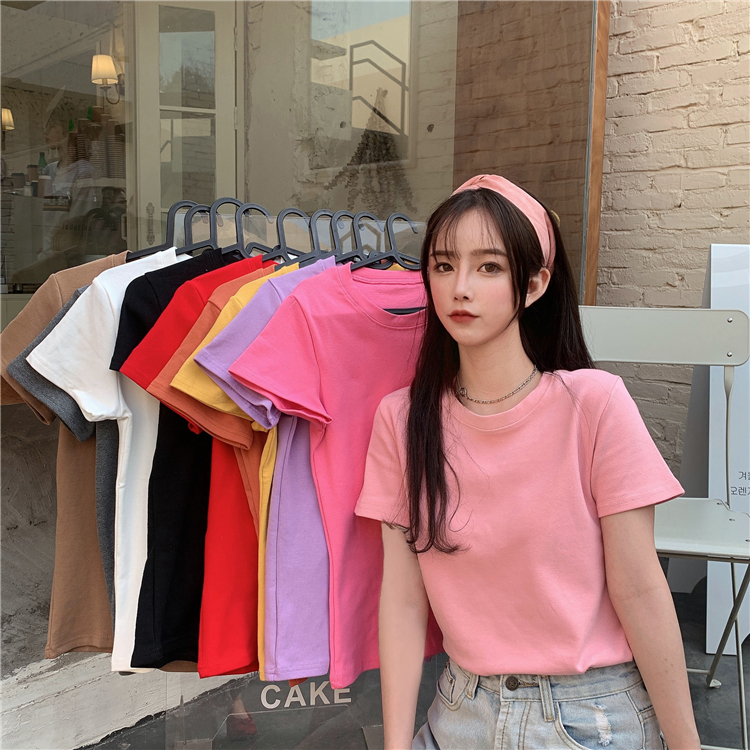 Real price shooting ~ summer new basic candy color round neck slim fit versatile T-shirt in ten colors