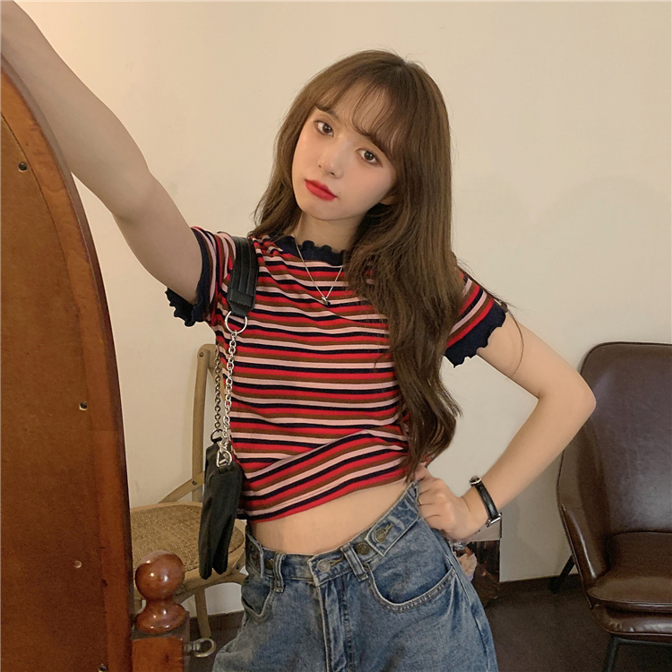 Real price real shot ~ summer new lace stripe style versatile slim short sleeve T-shirt