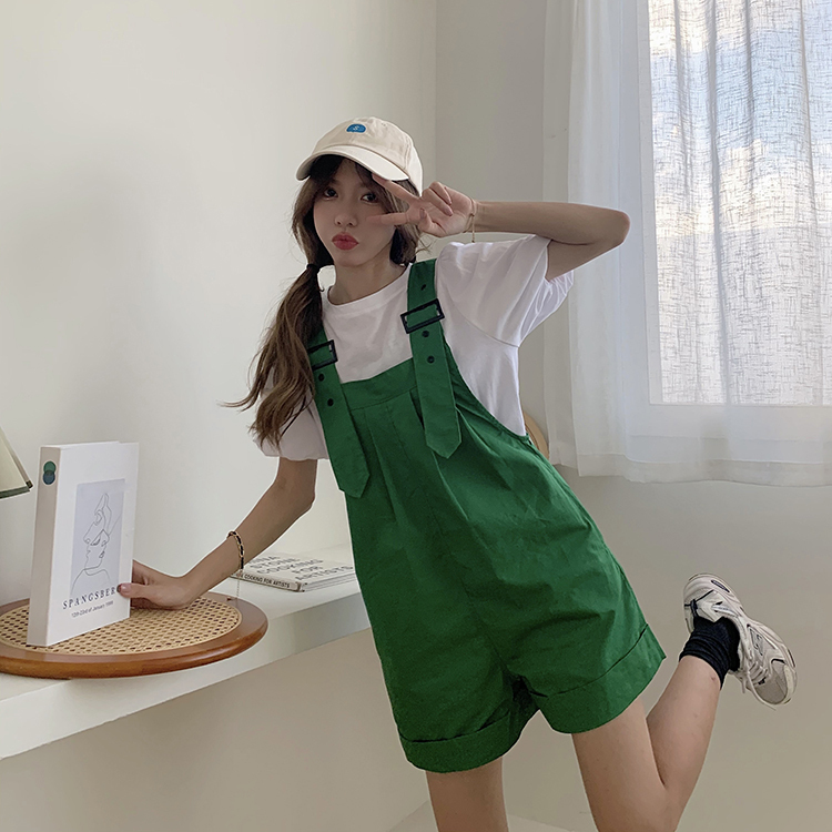 Real price real shooting ~ summer cute bubble sleeve round neck T + age reducing versatile straight tube strap pants two piece set