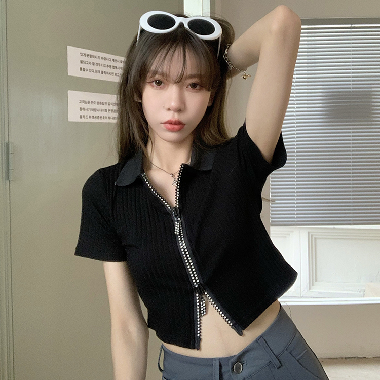Real price real shot - versatile double zipper elastic pit strip short sleeve top with diamond