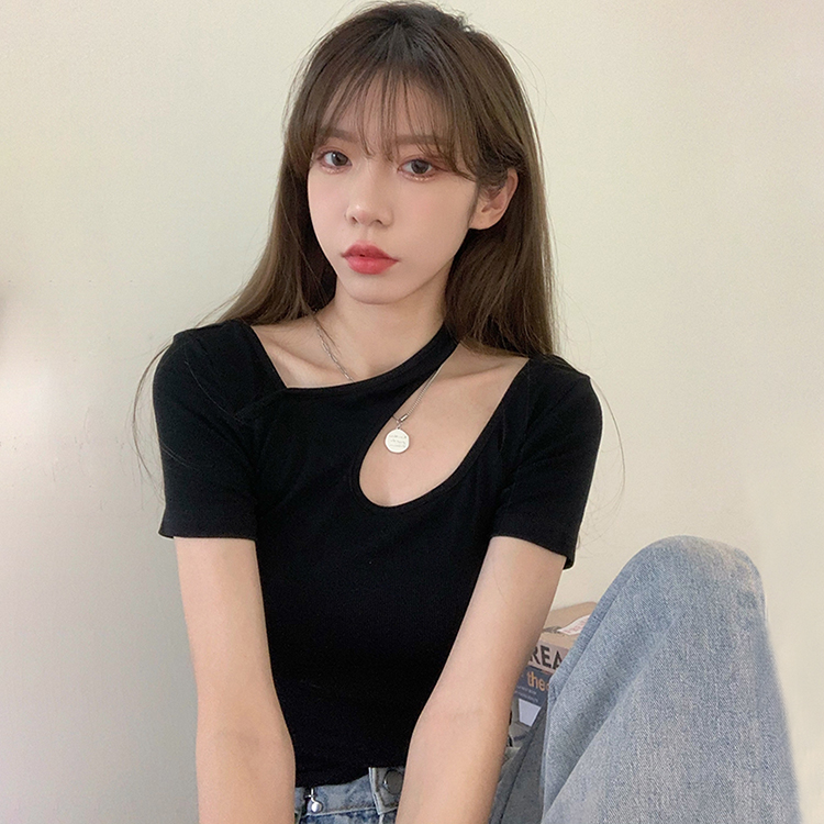 Real price real shooting ~ Sexy careful machine design feeling show thin hanging neck short sleeve T-shirt