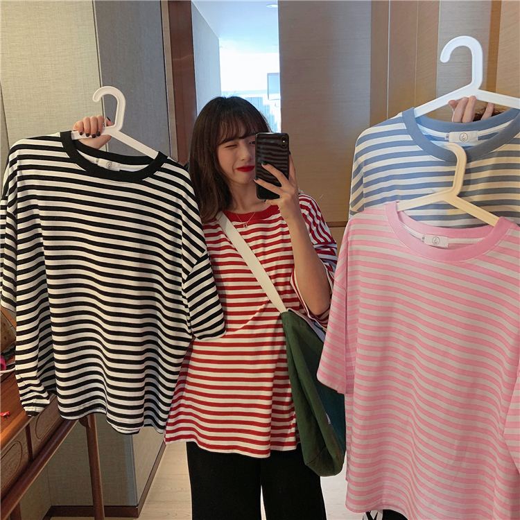 Real price real shooting - New Korean versatile stripe loose round neck T-shirt in summer