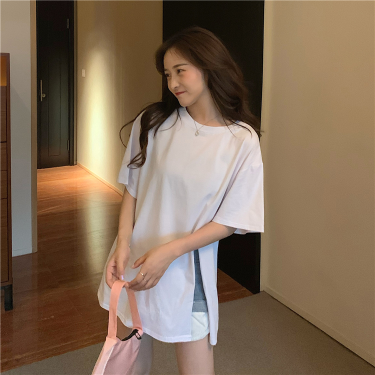 Real price real shooting - summer new simple solid color versatile slit round neck short sleeve T-shirt in eight colors