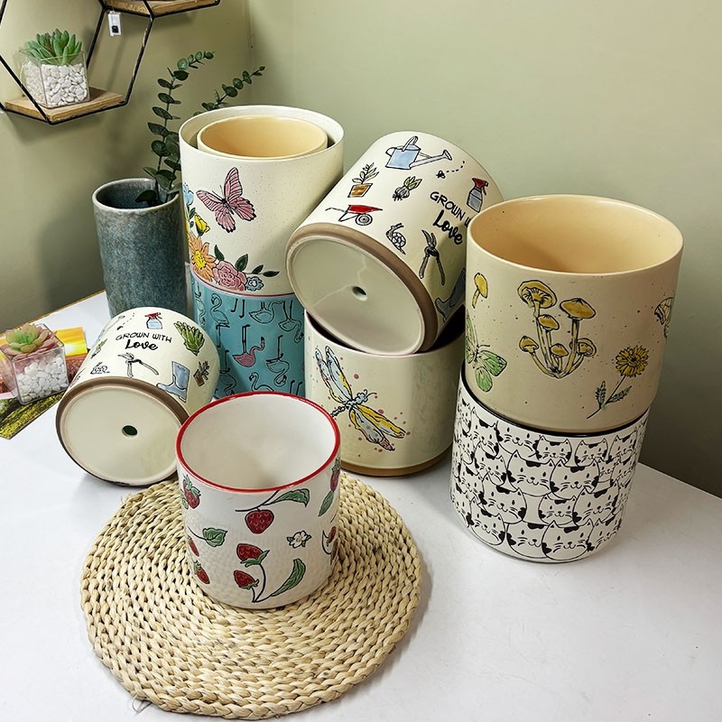 釉下彩陶瓷有孔花盆筷子筒厨房饭勺收纳罐种鲜花干花筒手绘浮雕,餐饮具,瓶/罐,淘宝优惠券,粉丝福利购,淘宝优惠卷