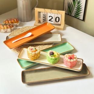 釉下彩12.8英寸陶瓷长方盘餐厅家用长条寿司盘早餐盘五彩盘微瑕疵