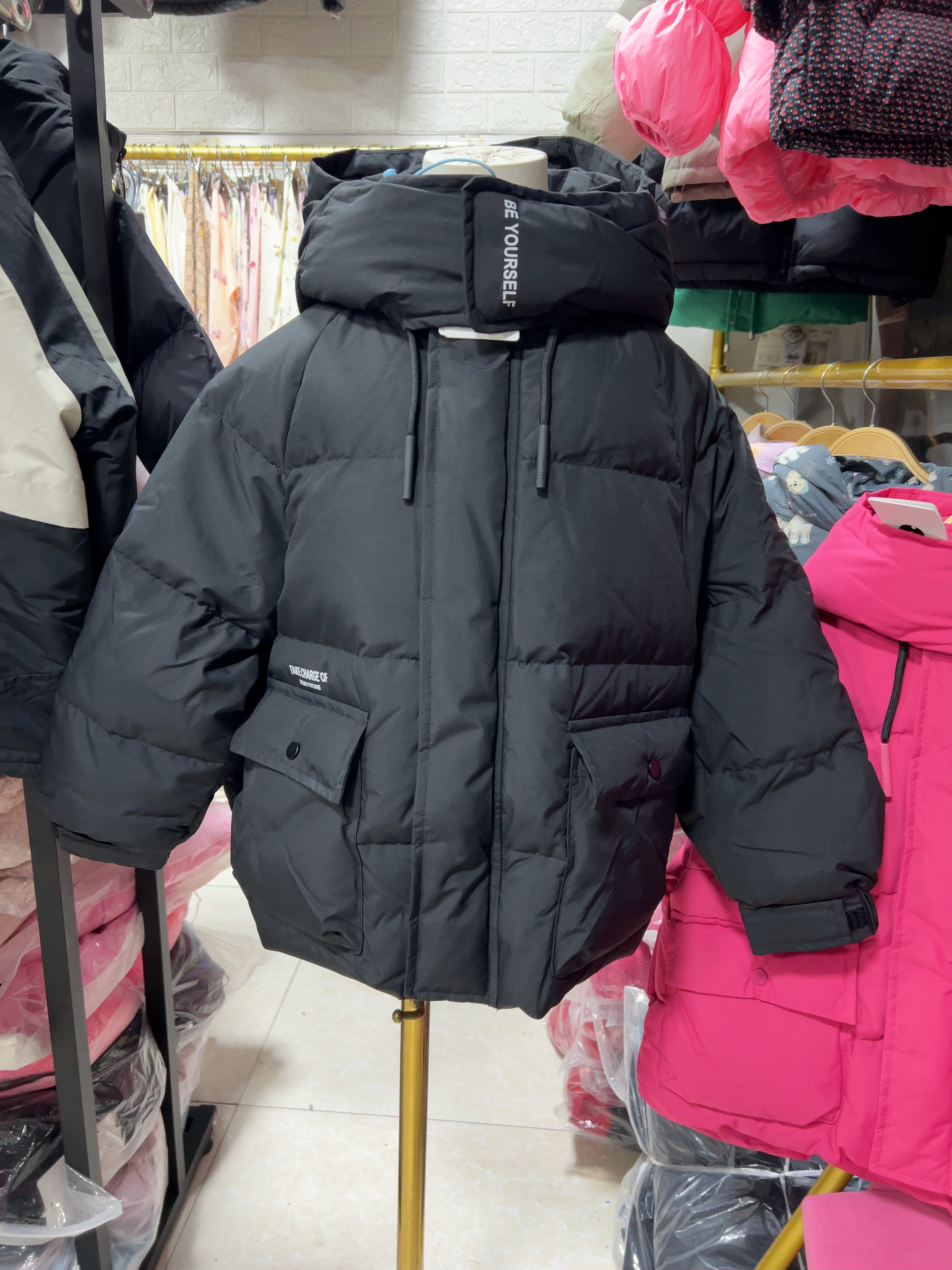 2025冬U家男女中大童120-160戴帽洋气休闲黑粉色百搭90绒羽绒服潮