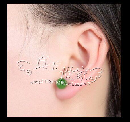 和田色玉耳钉银女碧玉耳环翡翠耳饰镶嵌玉圆珠子耳坠耳饰气质百搭图片