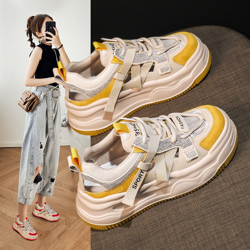 2025年夏季新款内增高包头凉鞋女透气网面镂空休闲厚底小白板鞋子,女鞋,休闲凉鞋,淘宝优惠券,粉丝福利购,淘宝优惠卷