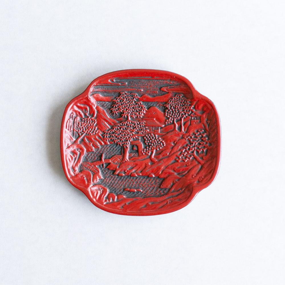 仙台堆朱 1930s 日本茶道具 手工剔红雕漆 古典山水纹 托碟壶承